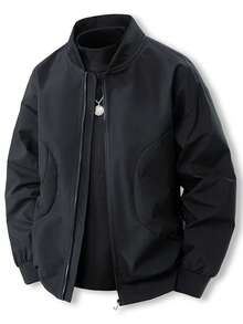 男士轻便拉链立领夹克，秋冬休闲外套 - 黑色 - 查看 1