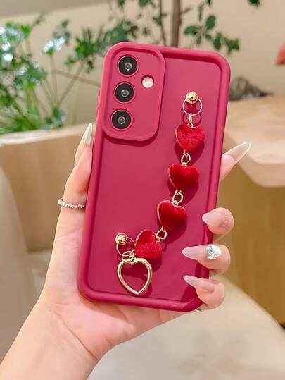 1pc Plush Heart Shaped Wrist Strap Phone Case Suitable For Apple/Transsion/Galaxy/Infinix/Redmi/OPPO/VIVO/Realme/MOTO/Honor/OnePlus Phones