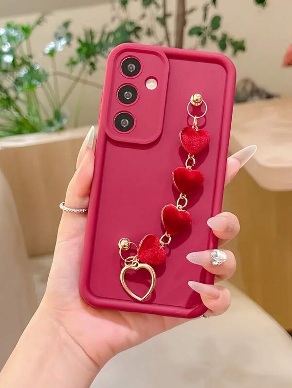 1pc Plush Heart Shaped Wrist Strap Phone Case Suitable For Apple/Transsion/Galaxy/Infinix/Redmi/OPPO/VIVO/Realme/MOTO/Honor/OnePlus Phones