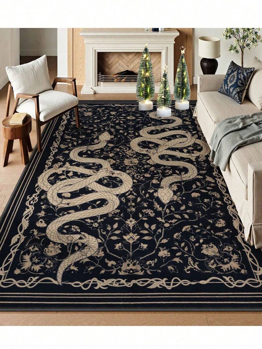 1 件装奢华波西米亚复古蛇皮纹地毯，防滑可水洗，复古柔软，适用于餐厅、办公室、卧室、客厅、入口门垫 - 黑色 - 查看 1