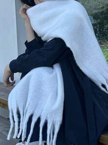 1pc Women's Elegant Knitted Tassel Scarf - Comfortable, Windproof, Warm, Suitable For Autumn/Winter | Ideal Holiday Gift - White - View 2