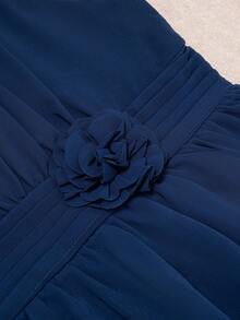 Kilottor 少女优雅雪纺褶腰3D花卉装饰挂脖不对称下摆婚礼花童长裙 - 藏蓝色 - 查看 3