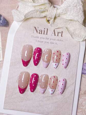 10 件手工杏仁指甲贴，粉色和紫红色渐变波尔卡圆点设计，简约时尚，适合任何场合，快速粘贴美甲贴纸，秋季指甲