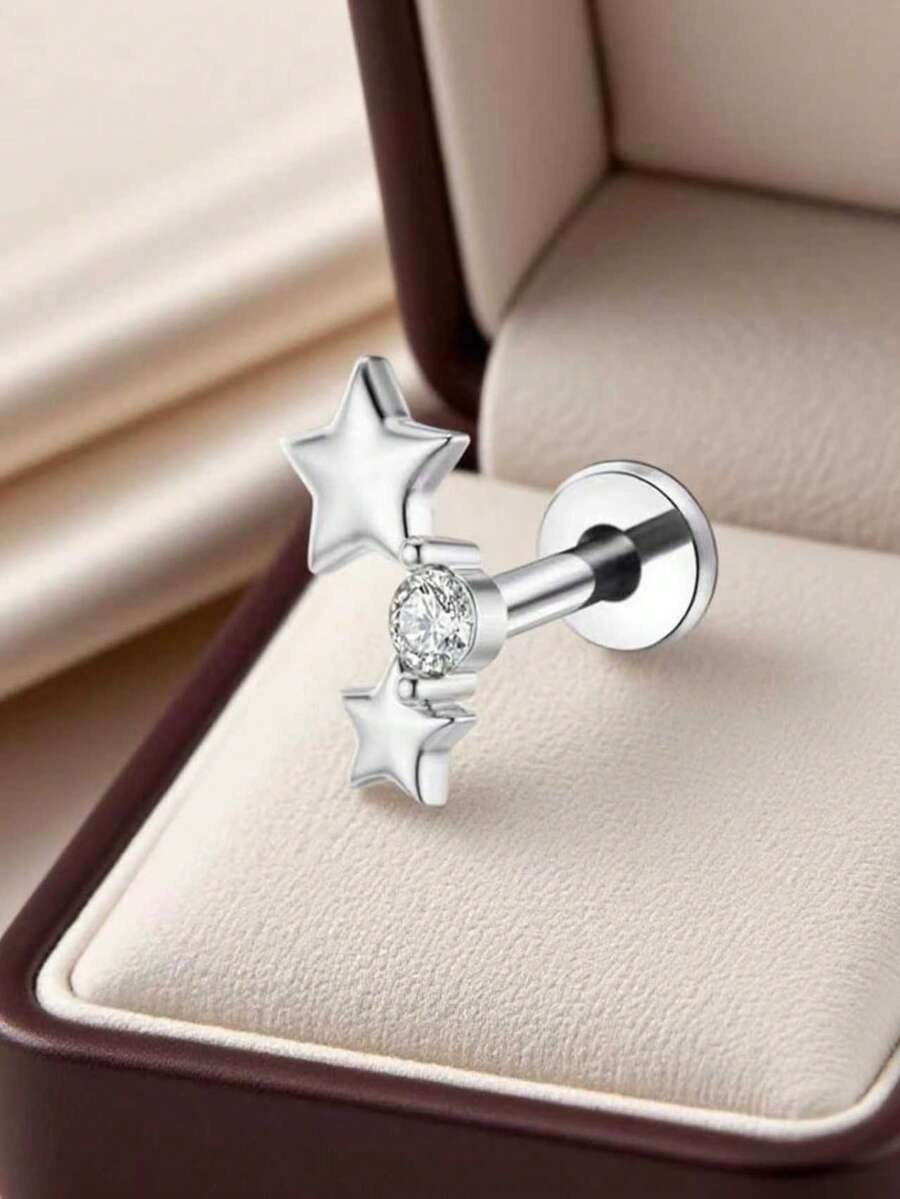 1pc Stainless Steel Stud Earrings, Nose Stud, Lip Stud, Body Piercing Jewelry - Silver - View 1