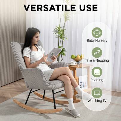 HOMCOM Rocking Chair, Corduroy Rocking Chair With Armrests, Wooden Base, Relaxing Chair For Living Room, Bedroom, Dark Green