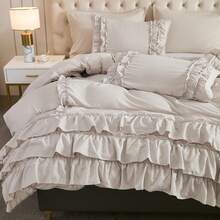 Beige Comforter Set Queen/King Size,Waterfall Ruffle Shabby Chic Farmhouse Bedding Sets,Soft Fluffy Boho Comforters Sets For All Season,200g Microfiber Filling Vintage Ruffled 3 PCS Quilt Set For Women Girls Room Decor - 米灰色 - 查看 7