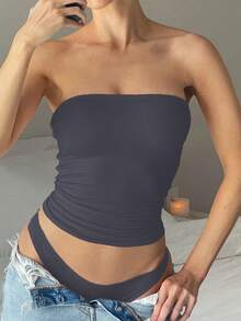 Vaiaye 女士无缝无肩带纯色弹力修身吊带背心，时尚无肩带基础款背心，适合春夏休闲穿着 - 藍灰色 - 查看 11