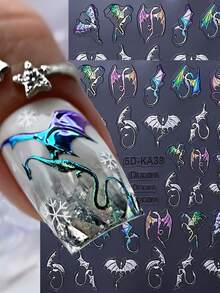 2 Adesivos de Unhas com Relevo de Dragão Voador Legal - Elementos Decorativos de Natal, Ano Novo e Ano Novo em Degradê de Cores, Design de Arte de Dragão Voador e Morcego Legal, Adequado para Uso Diário, Casamento e Festivais de Mulheres, Adesivos de Unhas Descartáveis e Adesivos de Decoração de Unhas de Estilo Chinês Fáceis de Colar