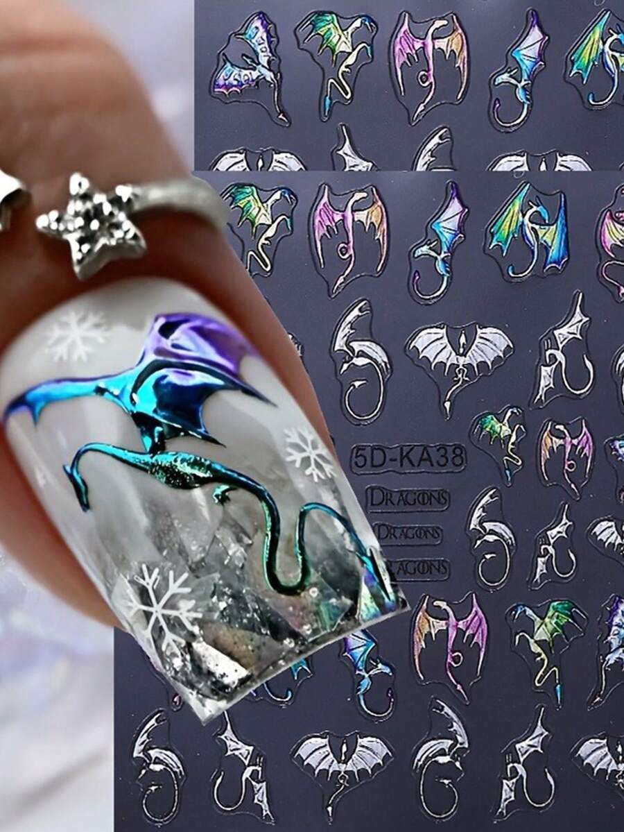 2 Adesivos de Unhas com Relevo de Dragão Voador Legal - Elementos Decorativos de Natal, Ano Novo e Ano Novo em Degradê de Cores, Design de Arte de Dragão Voador e Morcego Legal, Adequado para Uso Diário, Casamento e Festivais de Mulheres, Adesivos de Unhas Descartáveis e Adesivos de Decoração de Unhas de Estilo Chinês Fáceis de Colar