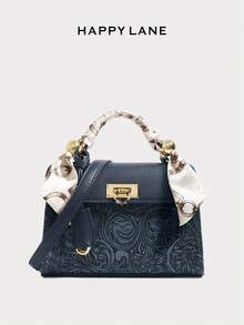 HAPPY LANE Fashionable Brown Patchwork Minimalist Style Handbag, Retro Vacation Vibe Shoulder Bag, Comes With Ribbon Accessory, Suitable For Business, Casual, Shopping, School, Front Twist Lock Handbag, Detachable Shoulder Strap, Crossbody Bag, Lightweight & Durable, Vintage Charm, Elegant & Unique Style For Women, Versatile For Any Occasion - 藏蓝色 - 查看 2