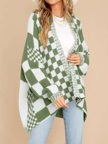 Cárdigan de punto oversize a cuadros para mujer, abrigo de manga larga con bloque de color a cuadros y apertura delantera - Verde - Ver 3