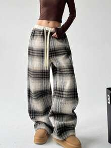 女士格子抽绳阔腿涤纶裤