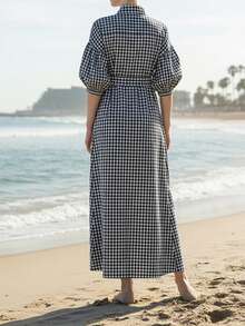 Women's Christmas Plaid Maxi Dress Lapel Collar Short Puff Sleeve Button Down Belted A-Line Dress Fall Winter Party Holiday Clothes - 黑色 - 查看 7