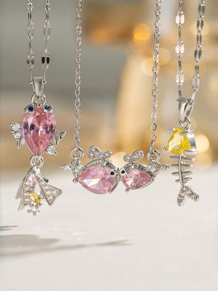 1pc Adjustable Necklace With Cute Shiny Pink Goldfish & Clownfish Pendant