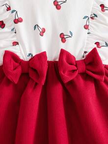 女婴可爱优雅长袖连体衣，带蝴蝶结和樱桃印花（1-3个月，3-6个月后背开口水滴形设计） - 紅色 - 查看 6