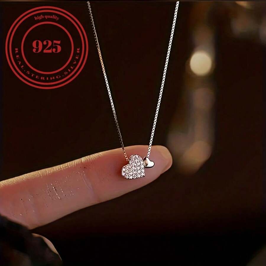 925 Sterling Silver Heart Pendant Necklace, Simple Clavicle Necklace For Women - Silver - View 1