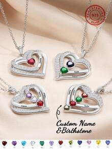 Customized Birthstone Encrusted Heart Engraved Necklace, An Ideal Gift For Mother's Day, Valentine's Day, Birthday, Anniversary, Christmas, Graduation Or For Friends, Classmates And Family - Silver - View 4