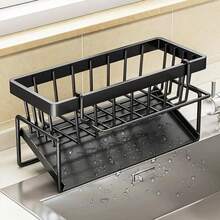 1pc Dish Cloth & Sponge Holder, Multifunctional Storage Rack With Drip Tray, Black Kitchen Sink Caddy Organizer, Rust-Resistant Drainage Stand, For Sponges, Brushes, Soap Dispenser, Home Organizers And Storage - Multicolor - View 6