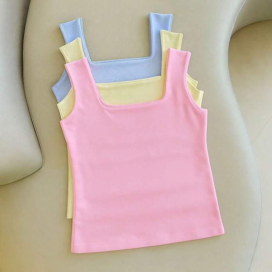 Kit Of 3 Women's Blouses, Square Neckline, Straight, Casual Tank Top, Black, White, Nude - 粉紅藍 - 查看 1