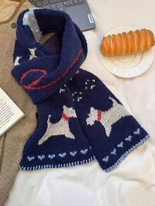 1pc Christmas Snowy Navy Blue Puppy Knit Scarf For Women Autumn/Winter Cute Shopping Vibes Versatile & Warm Student Neckwarmer