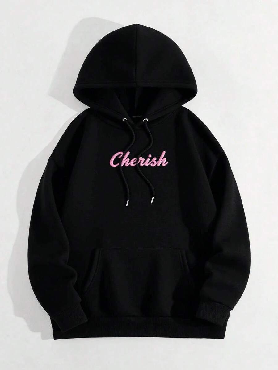 Women's Hoodie, Fleece-Lined Warm Pullover With Pocket, Loose Fit For Fall & Winter - Soft Everyday Outerwear, Bow & Cherry Print, Cute Casual Fall Outfit, Tops For Women, Outfits - 黑色 - 查看 1