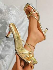 Dép cao gót quai mảnh cho nữ, Dép xỏ ngón hở mũi thời trang cho váy, mùa hè - Vàng - Xem 5