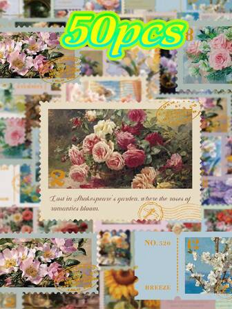 50 piezas Pegatinas de pintura al óleo con diseño floral - Calcomanías impermeables de PVC para proyectos DIY, autoadhesivas, de colores mixtos, formas asimétricas, superficie de plástico, de un solo uso - Ideal para portátiles, botellas de agua, teléfonos, guitarras, patinetas