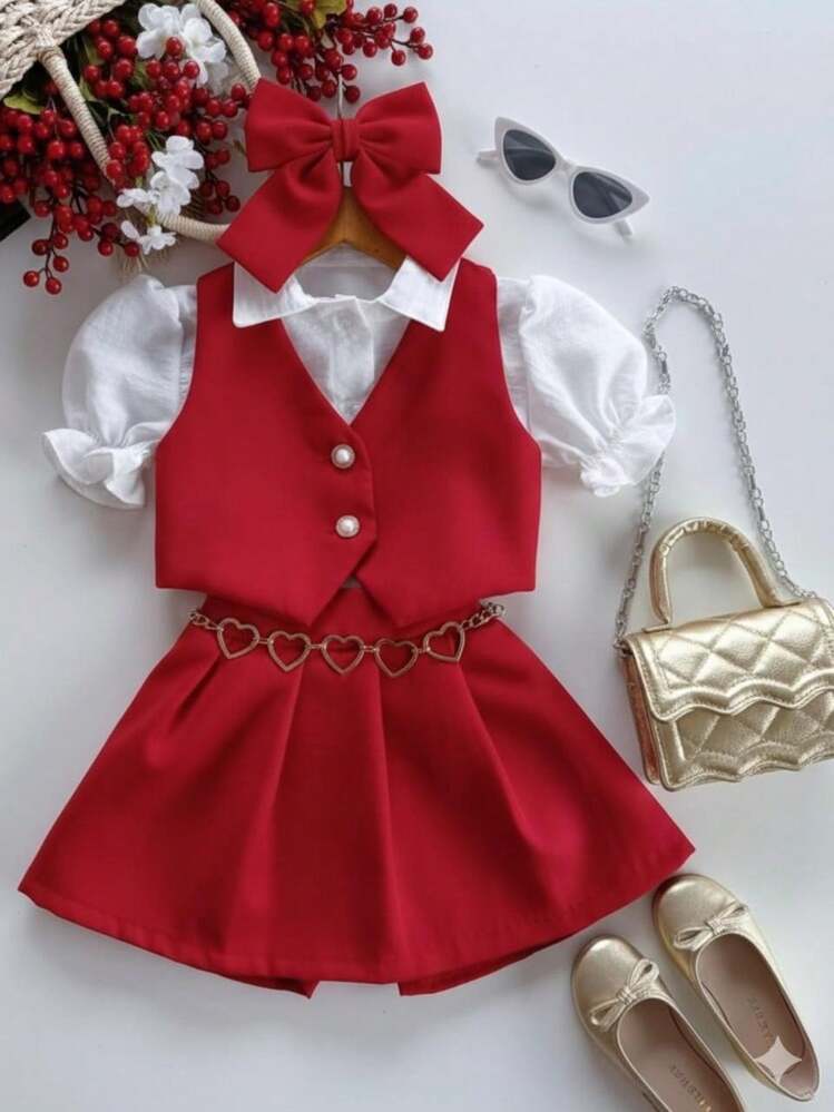 Roupa Infantil Social Festiva Alfaiataria : Colete e Saia Plissado Para Meninas Natal - Vermelho - Visão 6