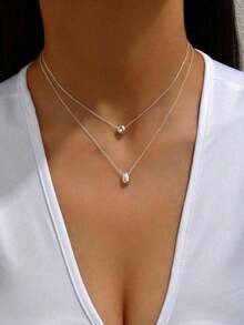 1pc Women's Simple Double-Layer Gold-Color Beaded & Teardrop Pendant Necklace,Stainless Steel Material,With Long-Lasting Color Retention,Suitable For Summer, Party, Dating Events, Gift - Vòng cổ hai lớp - Xem 2