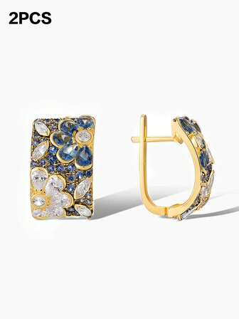 2ชิ้น ต่างหูรูปดอกไม้สีฟ้าและขาวประดับเพชร คิวบิกเซอร์โคเนีย สวยหรู เหมาะสำหรับใส่ไปงานแต่งงาน งานปาร์ตี้ และเป็นของขวัญวันหยุดสำหรับผู้หญิง