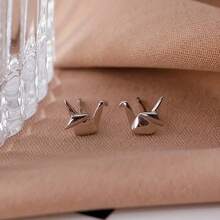 Simple Silvery-Plated Paper Crane Stud Earrings For Women - Japanese-Korean Style, Anti-Allergic Copper Material, Suitable For Casual Outfits Or Gifts - Multicolor - View 3