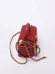 1 件优质红色鳄鱼压纹拉链小方包，时尚 PU 绗缝钻石缝线盒子包，百搭拉链小方包，女士手提包配链条肩带 - 紅色 - 查看 5