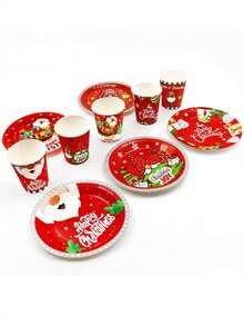12 件圣诞主题一次性纸杯和盘子套装，圣诞节一次性纸杯和盘子 - 彩色 - 查看 1
