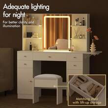 ALFORDSON Dressing Table With Mirror, LED Lights, Socket, Vanity Table With 5 Drawers, 2 Cabinets And 6 Shelves, Vanity Table For The Bedroom Dressing Room, White - 白色 - 查看 7