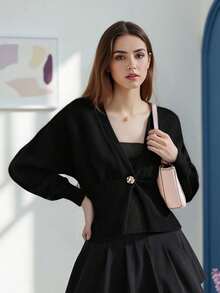 Women's Autumn Sweater Cardigan Long Sleeve V Neck One Button Solid Color Knitwear - Black - View 3