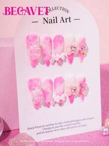 BEGAVET Y2K Nails 10pcs Handmade Salon Quality Nail Art Press On Nails Pink Nails Long Stilletto Exclusive Design 3D Nails With 3D Charms, Suitable For Parties/Music Festival And Daily Wear - Pink - View 3