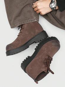 男士时尚圆头高帮靴，厚底，防滑，复古休闲风格，加大码男士踝靴，冬季户外 - 棕色 - 查看 3