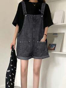 女式夏季纯色双口袋休闲牛仔背带短裤 - 灰色 - 查看 4