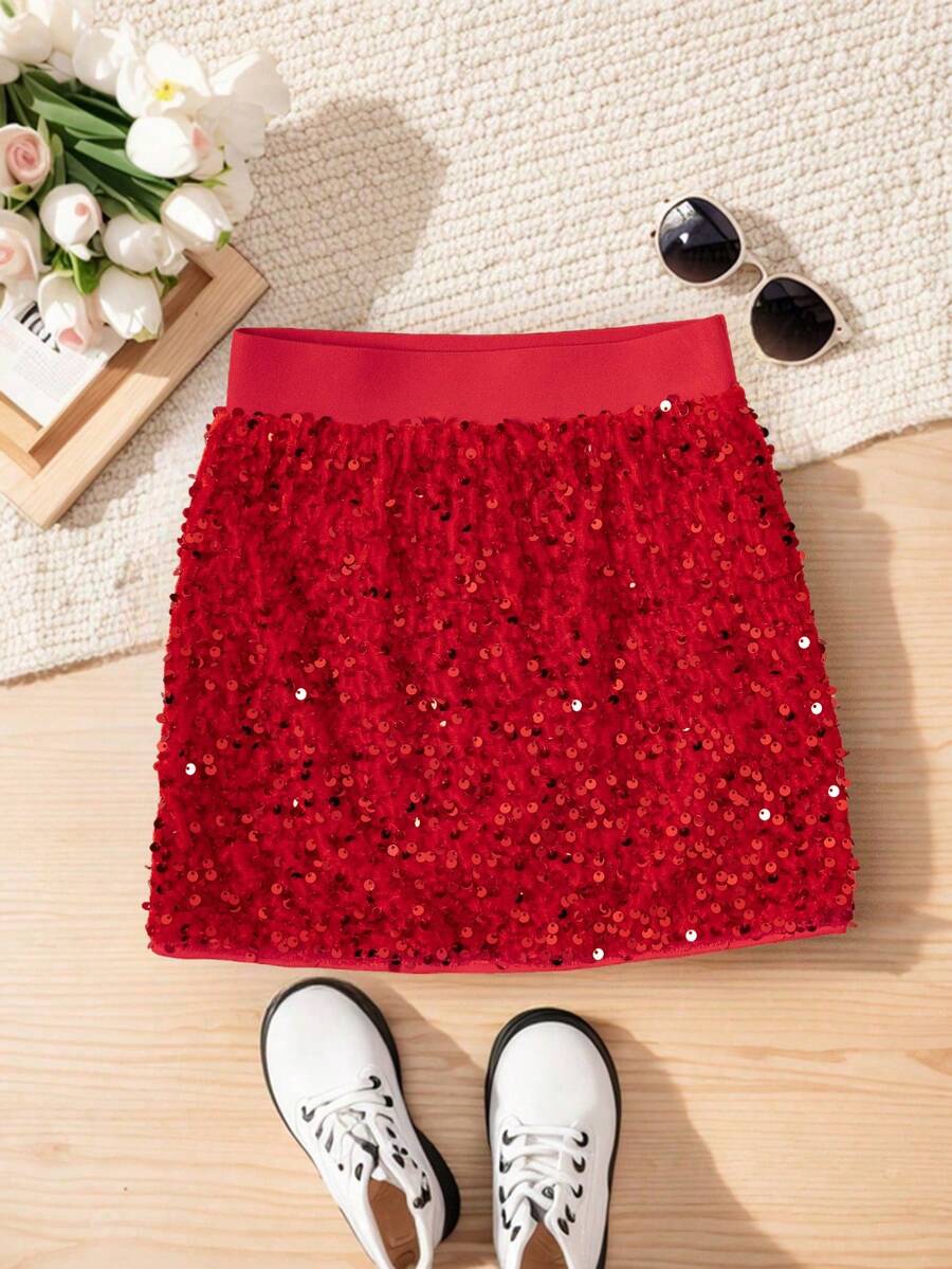 Tween Girls' Fashionable Sequin Mini Skirt, Suitable For Parties And Gatherings (Y0847) - Red - View 1