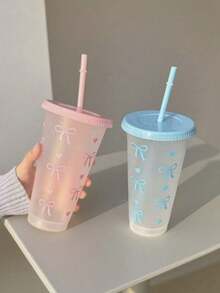 1个/5个/10个装 24盎司粉色和蓝色蝴蝶结塑料杯，带盖和吸管，可重复使用，可爱透明塑料杯，适合生日、婚礼和派对用品，带粉色丝带的可重复使用塑料杯，夏季饮料杯，适合生日、婚礼和派对用品，非常适合派对、饮用、咖啡，也适合母亲节、婚礼、生日、单身派对或作为礼物。 - 彩色 - 查看 4