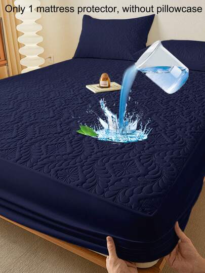 1 pieza Protector de colchón con acolchado de patrón floral azul marino, de estilo minimalista y moderno, transpirable y suave, unicolorido que absorbe la humedad, Funda de colchón (Funda de almohada no incluida)