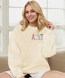 Crew Neck Hoodie, Simple Solid HoodieWomens Auntie Sweatshirt Oversized In My Cool Aunts Era Crewneck Sweatshirts Letter Print Long Sleeve Pullover Top - 白色 - 查看 2