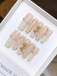 10片纯手工绘制方形美甲贴片，手绘个性化白色法式3D玫瑰美甲贴片，高品质优雅简约设计美甲贴片，按压式美甲贴片，美甲用品 - 彩色 - 查看 14