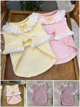 Pet Clothes, Autumn/Winter New Arrival, Thermal Lined, Thickened, Lace Undershirt, For Dogs & Cats, Home Wear, Christmas & New Year Gift, Suitable For All Seasons (Random Delivery Of 2 Styles Of Neck Ruffle)