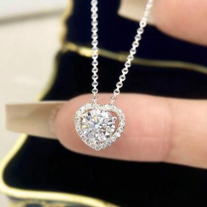 1件1.0克拉莫桑石钻石心形项链，S925纯银结婚/订婚项链，女士奢华珠宝礼物