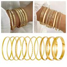 31/14/7pcs Women Vintage Bangle Set, Gold-ToneAsymmetricalr Floral Pattern Smooth Plain Cuff Bracelet Set, Elegant For Date, Holiday, Daily Outfit, Party, Anniversary Gift - Yellow Gold - View 6