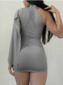 Premium Short Women's Dress With Open Cape Sleeves, Soft Touch, Elegant Look For Christmas And New Year - Xám - Xem 2