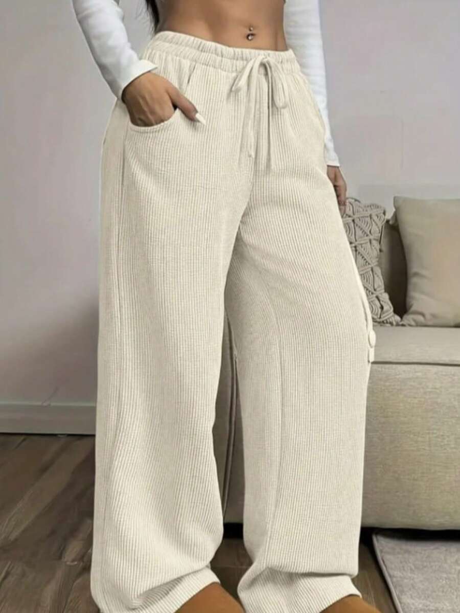 Women's Wide Leg Pants, Textured Fabric, High Waist, Simple With Pocket And Drawstring For Home And Daily Life - 奶油色 - 查看 1
