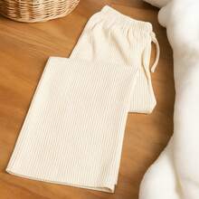 Women's Wide Leg Pants, Textured Fabric, High Waist, Simple With Pocket And Drawstring For Home And Daily Life - 奶油色 - 查看 6