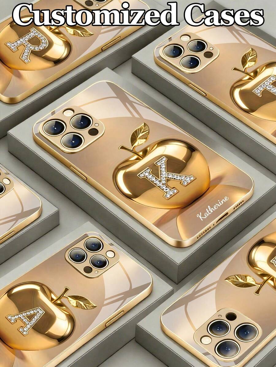 1pc Customizable 26 Letters & Name Design With Fashionable Metal Apple Pattern Tempered Glass Material Phone Case, Compatible With IPhone17 ProMax/17Air/16 ProMax/15 Pro/14 Plus/13 Pro/12 Pro Max/11/Xs Max/8/7/6 Plus, S24 Ultra/S25 Ultra/A12, High-End Business Customization, Best Gift For Boyfriend, Girlfriend And Family - Gold - View 1
